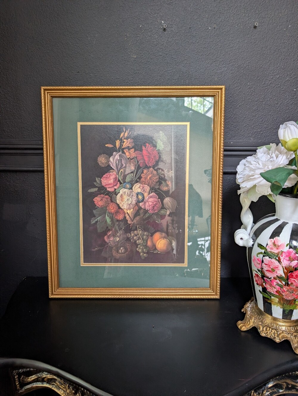 Vintage Dutch-style / Moody Floral still life lithograph, gold matted frame, 24"